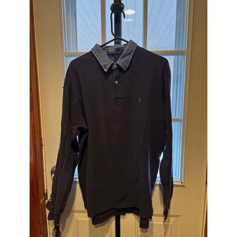 VINTAGE Polo by Ralph Lauren XL Navy Polo with Denim Collar